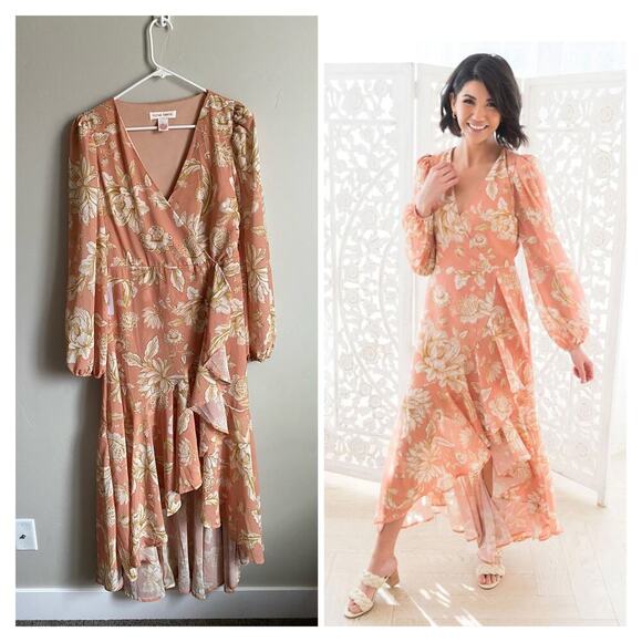 Flying Tomato Dresses & Skirts - Flying Tomato NWT Peach/Ivory/Taupe Floral High Low V-Neck Midi Dress